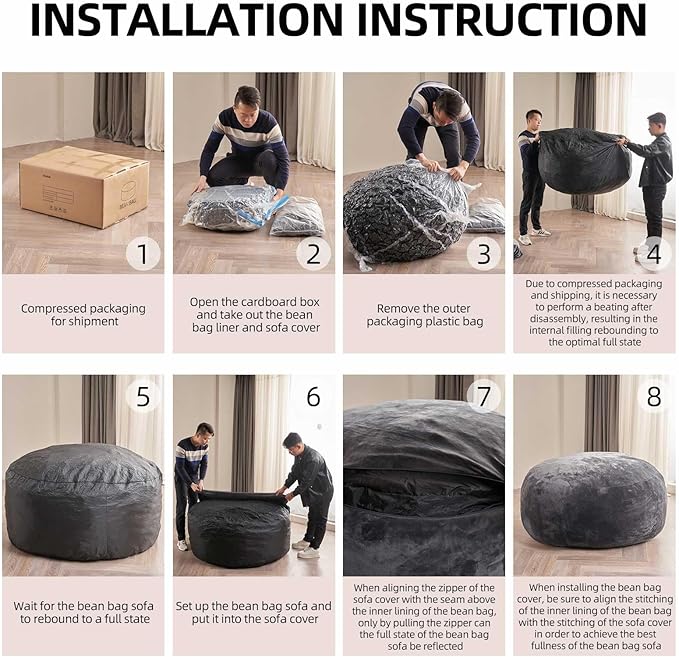 Bean Bag Chair 6Ft, Memory Foam Filled, Large Beanbag Chairs for Adults and Teens, Soft Sofa with Removable Flannel Cover, Round Couch for Living Room Bedroom College Dorm (Black, 6FT-67×67"×24")