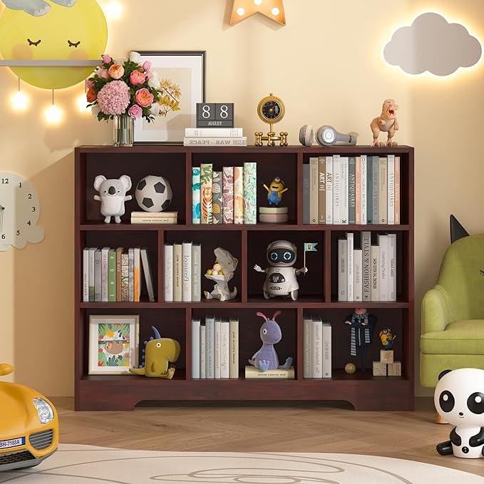 Book Shelf Set of 2, 10 Cubes Storage Organizer, 3-Tier Open Bookshelf Wooden Bookcase, Freestanding Cherry Bookshelf Cube Shelf for Living Room