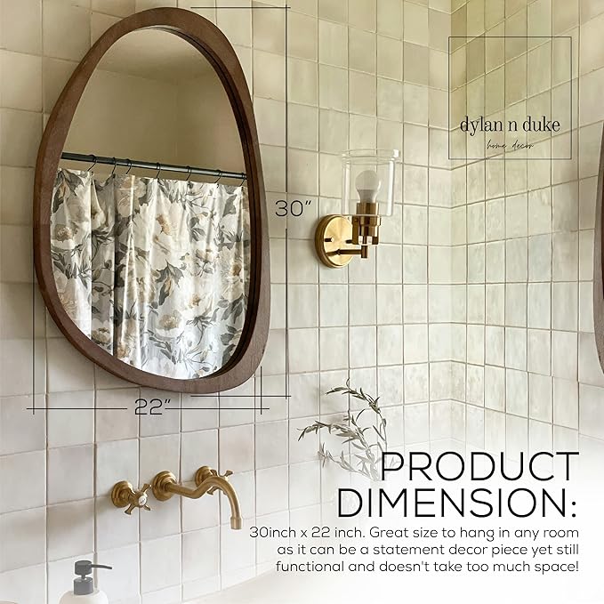 Irregular Wood Frame Boho Mirror - Large Wall Mounted Accent, Asymmetrical, Modern Aesthetic Wall Decor for Bedroom, Entryway, Living Room, Bathroom (Brown)