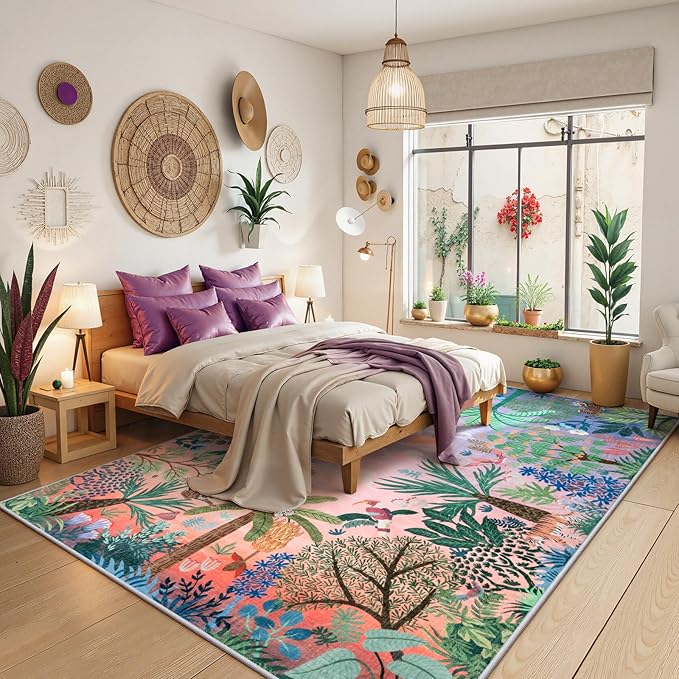 LIVEBOX Jungle Rug 9 x 12 Rug Purple Room Rugs for Bedroom, Soft Washable Area Rugs 9x12 Living Room, Modern Stain Resistant Floor Carpet Play Rugs for Kids Playroom Dining