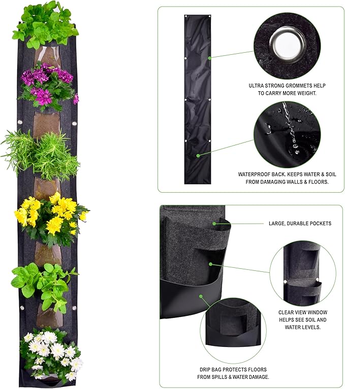 Hanging Planter Bags, Vertical Garden Planting Wall Gardening Grow Bag, 6 Pockets Large Wall Planter - Indoor Outdoor Plants Flowers Herbs, Waterproof Reusable
