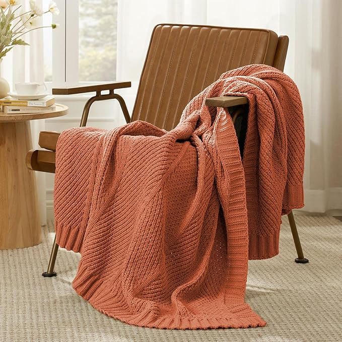 Amélie Home Chenille Knit Throw Blanket for Couch, Chevron Texture Decorative Soft Blanket for Sofa, Bed & Chair, 50"x60", Burnt Orange