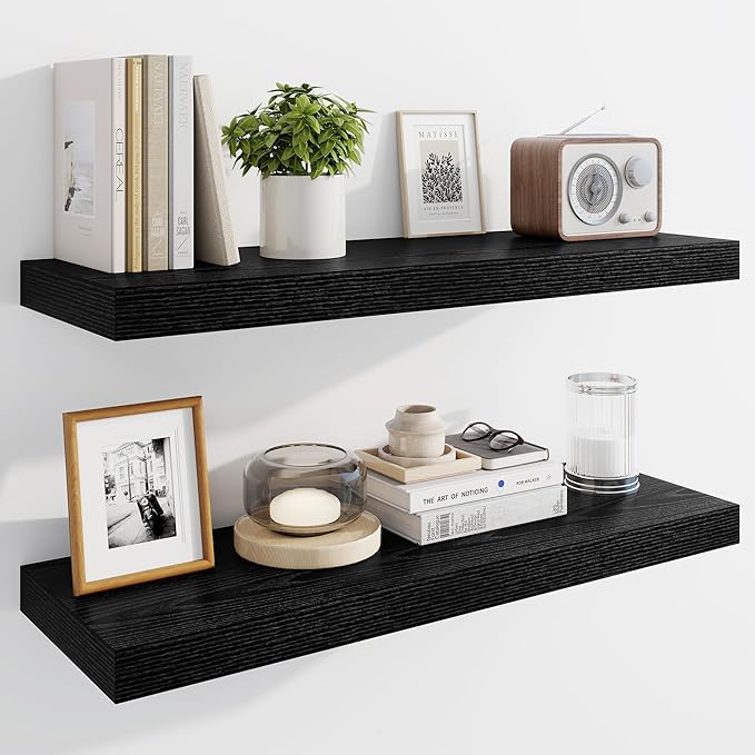 Marsmiles 30" Floating Shelves for Wall, Wooden Shelves with Invisible Brackets Set of 2, Rustic Farmhouse Wall Mounted Shelf for Kitchen Bathroom Living Room Study, Black