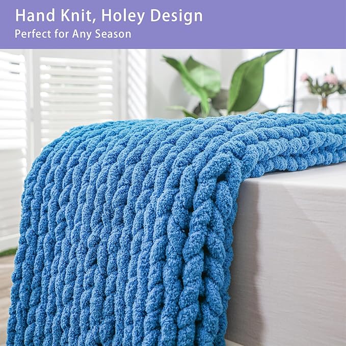 Bigacogo Chunky Knit Throw Blanket for Couch, 51x63 inches, 100% Hand Knitted with Thick Jumbo Chenille Yarn, Cozy Soft Large Rope Knot Cable Crochet Blankets for Sofa Bed Living Room, Bright Blue
