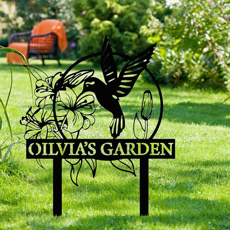 Custom Hummingbird Metal Garden Sign with Stakes, Bird Garden Decorations, Flower Design Personalized Garden Sign, Custom Garden Name Sign, Yard Decor, Home Gift
