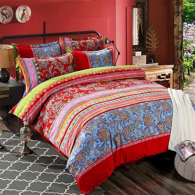 ABREEZE Bohemian Duvet Cover Set Colorful Red Boho Retro Bedding Set Damask Paisley Cotton Duvet Cover Tribal Reversible Bedding Exotic Style Comforter Cover 3-Piece Queen