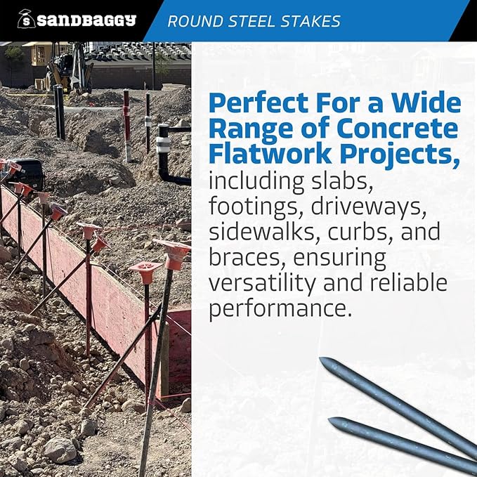 Sandbaggy Round Steel Concrete Form Stakes with Nail Holes - Rust Resistant Coating - Removable, Reusable (50, 3/4 in X 24 in)