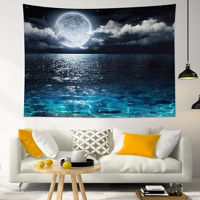 LB Moon Ocean Tapestry - Watercolor Blue Ocean and White Cloud Extra Large Wall Tapestry for Bedroom Starry Night Sky Wall Art for Bedroom Living Room Dorm Decor - 92.5Wx70.9H inches
