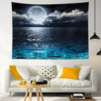LB Night Sky Ocean Tapestry Full Moon on Sea Tapestry Wall Hanging Fantasy White Cloud Watercolor Wall Art for Bedroom Living Room Dorm Wall Decor, 59Wx51H inches