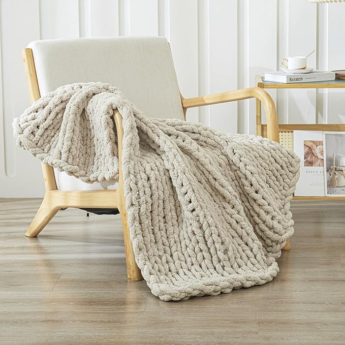 WESHIONGOO Chunky Knit Blanket Throw 40"×40" Knitted Throw Blankets for Couch Bed Fluffy Soft Blanket with Jumbo Chenille Yarn Thick 100% Handmade (Linen)