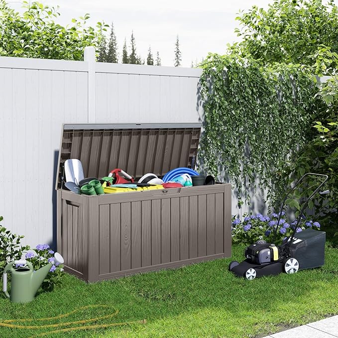 80 Gallon Resin Deck Box, Lockable Patio Outdoor Storage Box for Furniture, Garden Tools and Tools Storage, Waterproof Outside Storage Boxes - Grey