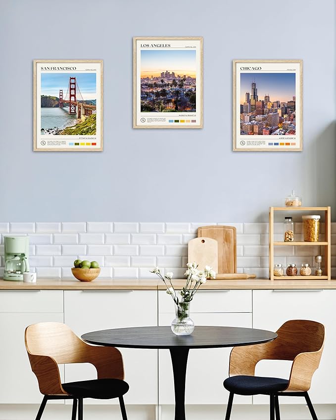 HesenDot Natural OAK Wood Chicago Cityscape Framed Wall Art,12x16in City Skyline Canvas Wall Print,Modern Urban Landmark Wall Decor for Living Room,Bedroom,Office Gallery Gifts Set of 1