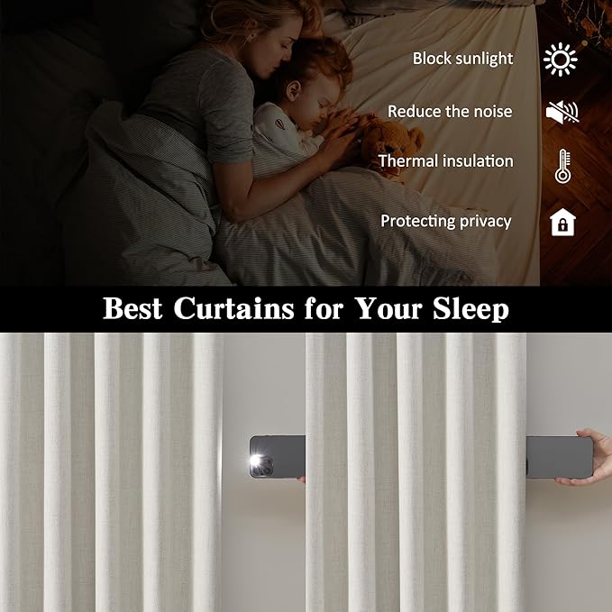 RAIN CITY 94 Inch Long Black Out Curtains 2 Panels Custom Drapery Neutral Blackout Pleated Ceiling Track Curtain for Dining Room Linen Textured Back Tab with Hooks 50"x94"