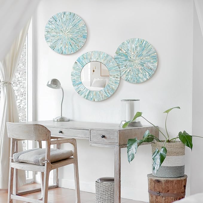 Beach Mirror Wall Decor for Living Room, 3PCS Natural Mother of Pearl Coastal Wall Art Bedroom Bathroom Decoration, Handmade Ocean Round Wall Hanging Sculptures for Home Office Holiday Hotel