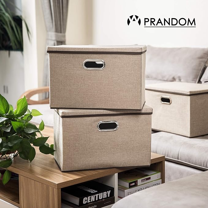 PRANDOM Large Collapsible Storage Bins with Lids [3-Pack] Jute Fabric Foldable Storage Boxes Organizer Containers Baskets Cube with Cover for Home Bedroom Closet Office Nursery (17.7x11.8x11.8)