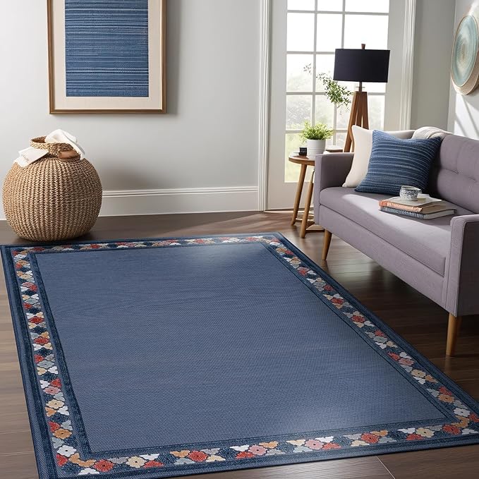 Beverly Rug Outdoor Rug 9x12 Modern Bordered Large Area Rugs for Indoor and Outdoor Patio Easy to Clean Non Shedding Living Room Porch Garden Washable Outside Carpet (9 x 12 Blue)