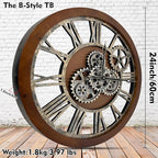 The B-Style Large Wall Clock 24 inch Moving Gear Wall Clock Oversized Vintage Farmhouse Wall Clocks for Living Room Decor Rustic Industrial Wood Clock (Drak Brown and Bronze)