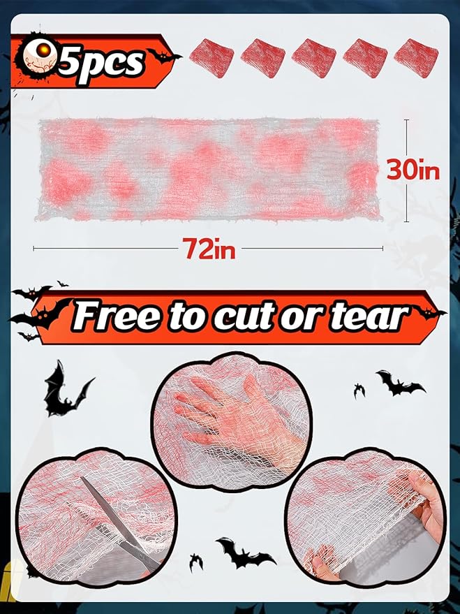 5Pcs Halloween Blood Red Creepy Cloth- Spooky Gauze Fabric Cloth for Haunted Horror House Halloween Party Doorway Outdoors Decoration (30" ×72")