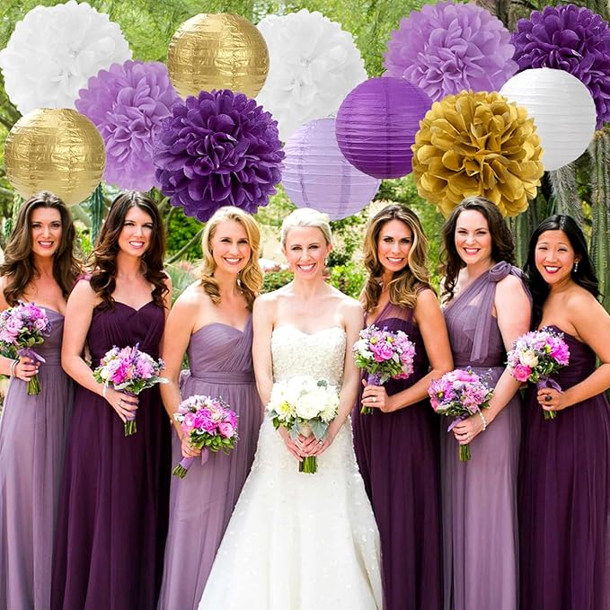 Purple White-Gold Party-Decorations Paper Flowers Lanterns - 15PCS Graduation Lavender Tissue Pom Poms Streamers,Wedding Birthday Bachelorette Baby Shower Classroom Hanging Supplies Decor Hugfond