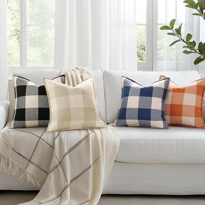 decorUhome Buffalo Plaid Check Throw Pillow Covers 20x20 Set of 2, Outdoor Decorative Farmhouse Neutral Pillow Covers with Stitched Edge for Bed Couch Sofa, Navy Blue and White