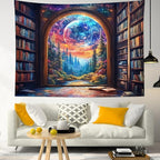 LB Fantasy Bookshelf Moon Tapestry, Trippy Tree and Vintage Library in Forest Wall Tapestry for Bedroom, Galaxy Cool Wall Art for Living Room Dorm Classroom Home Decor Ready to Hanging, 59 x 51 Inches