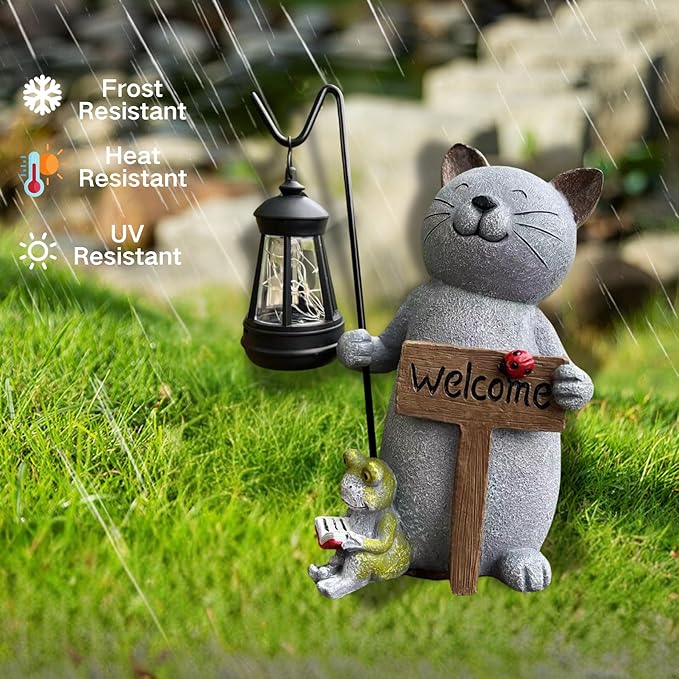 Cat Garden Statue with Solar Lantern: Cat Outdoor Figurine Decorations -Solar Garden Statue Decor for Patio,Balcony,Yard, Lawn - Gift for Mom, Grandma,Women, Housewarming,Birthday