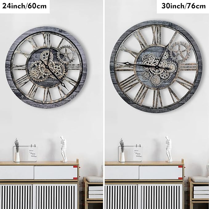 The B-Style Large Real Moving Gears Wall Clock 30 inch Rustic Retro Industrial Farmhouse Wood Clock Oversized Decorative Vintage Wall Clocks for Living Room (Carbon Gray)