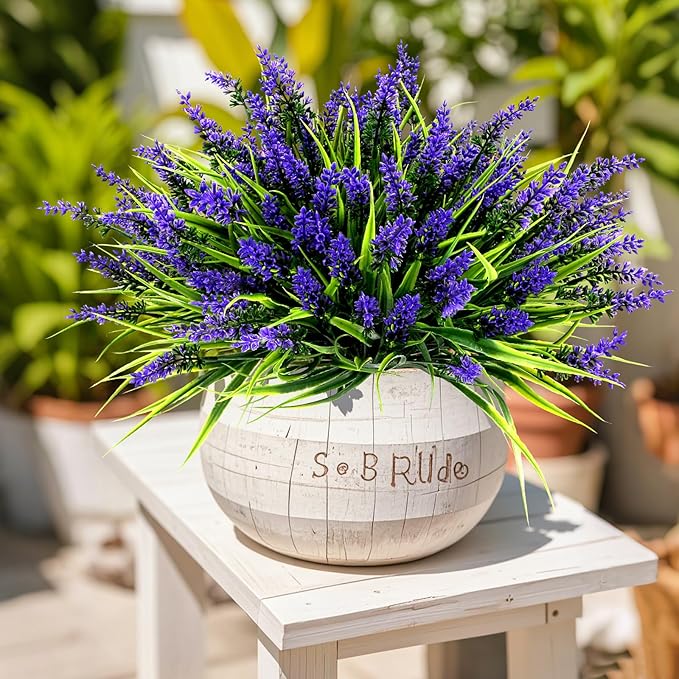 Geegoods 24 Bundles Artificial Plants Flowers Outdoor – Faux Lavender Flowers with Monkey Grass UV Resistant Plastic Faux Plants for Garden Porch Window Patio Hanging Planter Home Decor