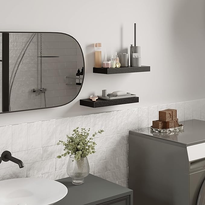 BAMEOS Floating Shelves, Black Wall Mounted Wooden Shelves with Invisible Brackets Set of 2, Hanging Wall Shelves Decoration for Bedroom, Bathroom, Living Room and Kitchen
