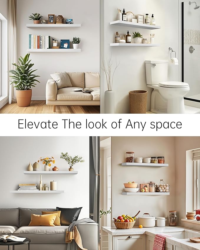 BAYKA Floating Shelves for Wall, 36 inches Long Wall Mounted Rustic Wood Shelves for Bathroom, Bedroom, Living Room, Kitchen, Office, Hanging Shelf for Books/Storage/Decor(White,Set of 2)