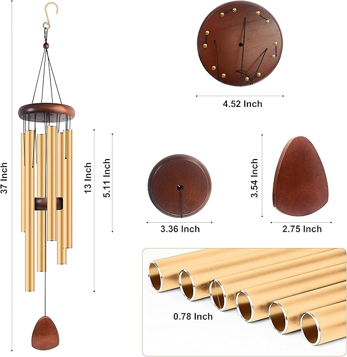 Large Aluminium Wind Chimes 37 Inches to Create a Zen Atmosphere Suitable for Outdoor, Garden, Patio Decoration. Classic Wind Chimes with Wind Catcher Suitable as A Gift for Unisex(Gold)