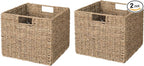12x12x10in Seagrass Storage Baskets Set of 2, Large Wicker Storage Basket, Decorative Seagrass Shelf Basket, Pantry Baskets Organization,Folding Storage Cube Bins