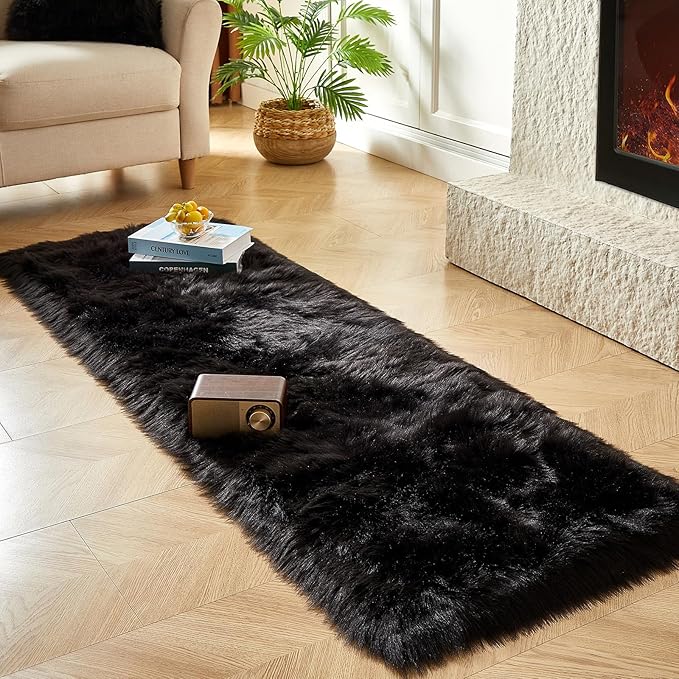 AMTOVO Faux Fur Rug, Black Ultra Soft Fluffy Shag Sheepskin Rug, 2 x 6 ft Runner Area Rugs for Bedroom Sofa Throw Cushion Room Decor, Rectangle