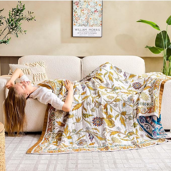 Fall Throw Blanket for Couch, Brown Boho Decorative Throw Blanket, 100% Cotton Muslin Breathable Woven Farmhouse Blankets Quilt, 60"x80" Reversible Lightweight Blankets Bohemian Throw Quilt