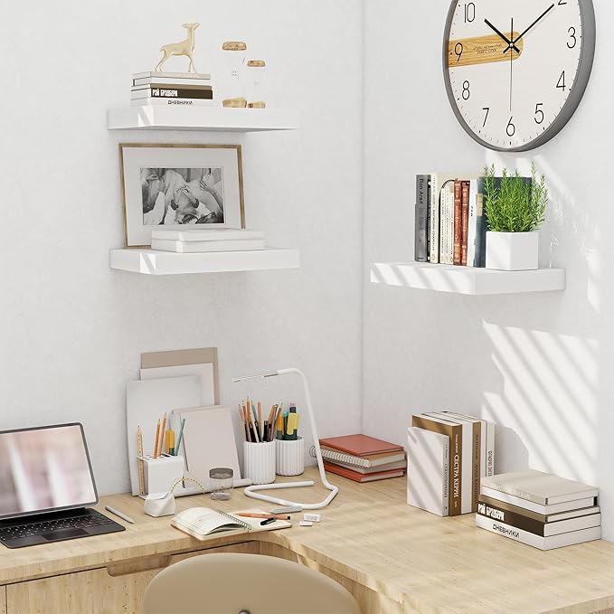 Fun Memories Wood Floating Shelves 16 Inch, 10 Inch Deep Shelves Wall Mount, Wall Shelves with Invisible Bracket, 16" Floating Shelves for Living Room Bathroom Bedroom, White, Set of 2