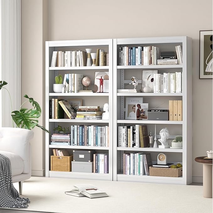 Metal Bookshelf Adjustable - 61" Tall White Bookcase, 5 Tier Book Shelf, Tooless Assembly Book Case, Modern Bookshelves and Bookcases for Home Office, Living Room, Bedroom, Study, Library