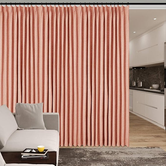 Orange Pinch Pleat 100% Blackout Drapes Linen Blend, Room Divider, Room Darkening, Energy Saving, Furniture Protecting, Light Blocking Extra Wide Privacy Curtains, 200Wx108L, 1 PC