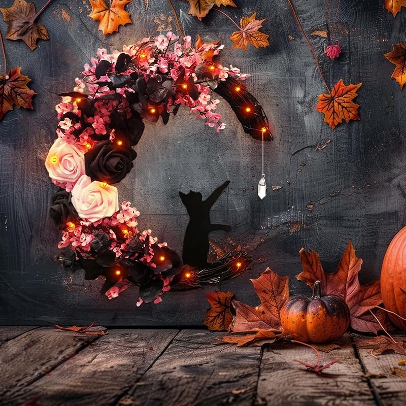 Halloween Wreaths for Front Door with Lights, Black Cat on Moon Garland with Rose Wreath Decor, Halloween Decorations Crescent Moon Wreath for Home Party Window Wall Indoor Outdoor (pink moon cat)