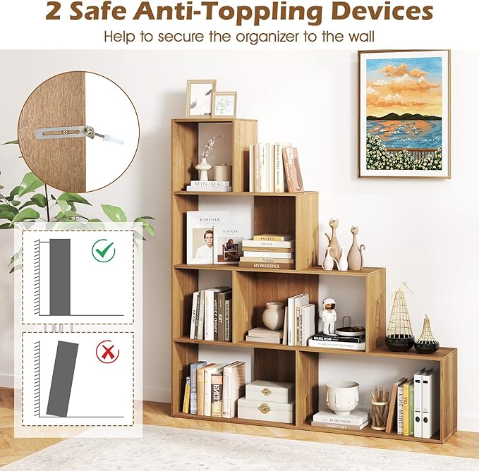 Tangkula 4-Tier Stepped Bookshelf, Freestanding 6 Cubes Ladder Bookcase with Anti-Tipping Kits, 64" Tall Modern Wooden Storage Display Rack for Home Office Living Room Study (1, Natural)