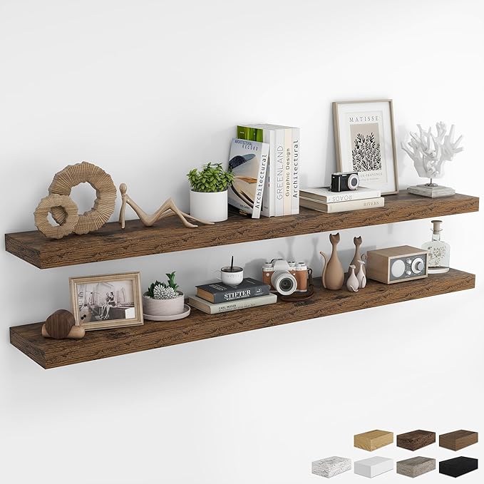 RICHFOCUS 72Inch Floating Shelves for Wall 2 Pack Shelves for Bedroom|Kitchen|Bathroom Wall Mounted Rustic Wood Floating Shelf with Invisible Brackets for Books|Storage|Decor, Rustic Brown