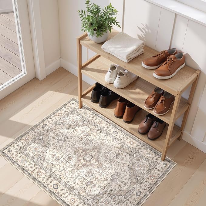 Washable Area Rugs for Living Room -2x3 Neutral Vintage Distressed Floral Farmhouse Boho Large Soft Floor Rug Indoor Non Slip Carpet for Bedroom Dining Room Office - Brown/Multi