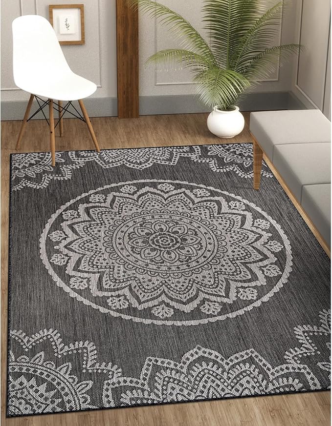 CAMILSON Outdoor Rug 6x9 Modern Area Rugs for Indoor and Outdoor Patios and Porches - Waterproof Washable Non-Shedding Easy-to-Clean Outside Carpet (6 x 9, Medallion - Dark Grey/Light Grey)