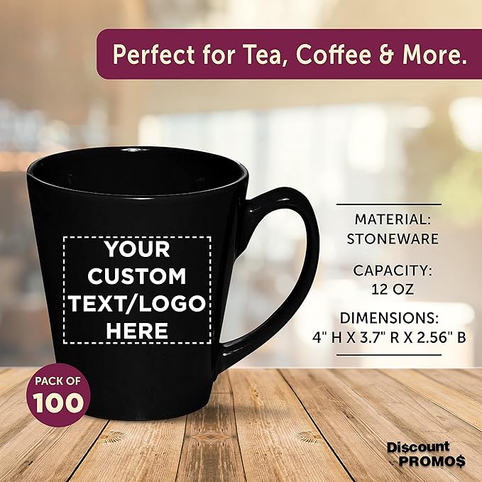 DISCOUNT PROMOS Custom Glossy Ceramic Latte Coffee Mug 12 oz. Set of 100, Personalized Bulk Pack - Perfect for Tea, Espresso, Cappuccino, Hot Cocoa - Black
