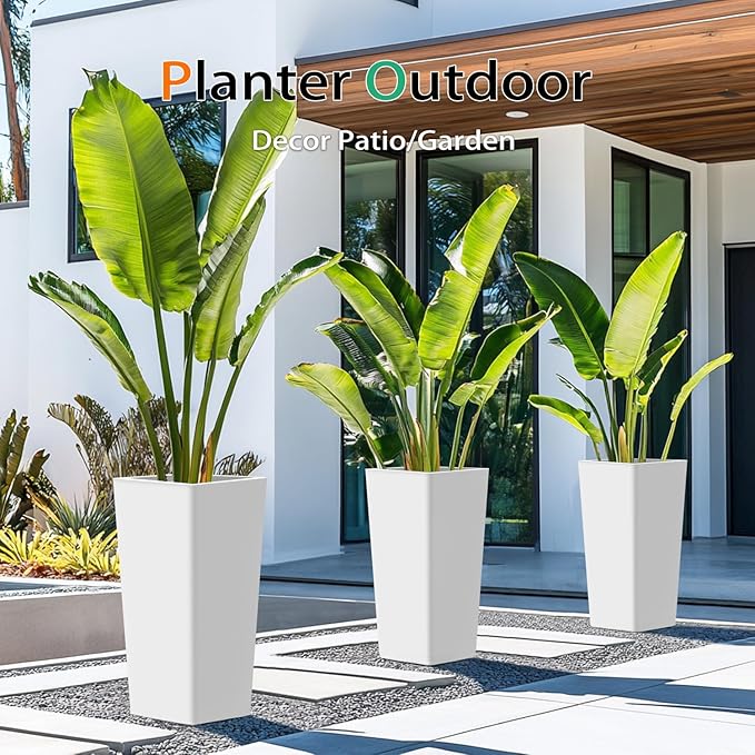 Tall Planters for Outdoor Plants, Large Resin Flower Pots for Garden, Front Porch, Patio, Indoor - Set of 2 (White, 32 inch - 2 Pack)