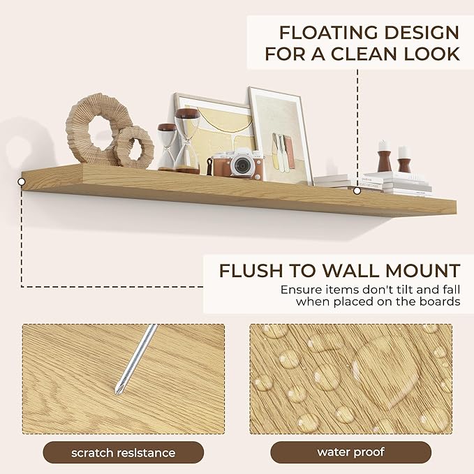 RICHFOCUS 72Inch Floating Shelves for Wall 2 Pack Shelves for Bedroom|Kitchen|Bathroom Wall Mounted Rustic Wood Floating Shelf with Invisible Brackets for Books|Storage|Decor, Oak