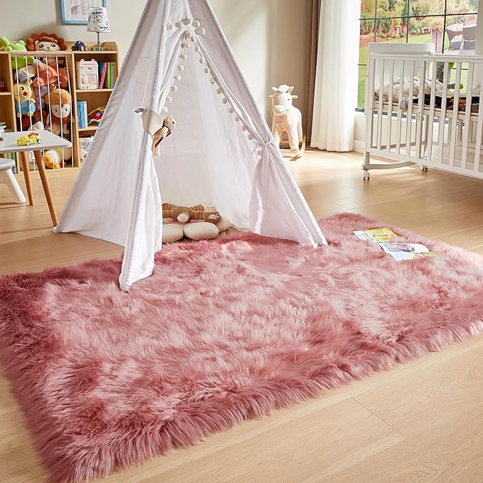 AMTOVO Faux Fur Sheepskin Rug for Living Room, 4 x 6 ft Blush Pink Fluffy Area Rug for Bedroom, Playroom, Luxury Room Decor, Rectangle