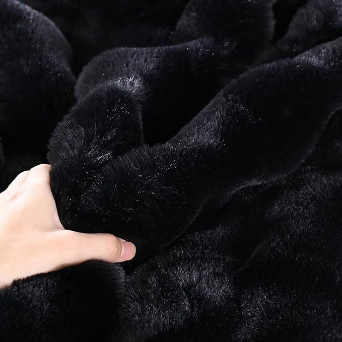 Black Fluffy Thick Fur Throw Blanket 50x60 for Bed Couch Office Chair Bunny Soft Blanket for Adults Gift Home Living Room Decorative Decor 860 GSM