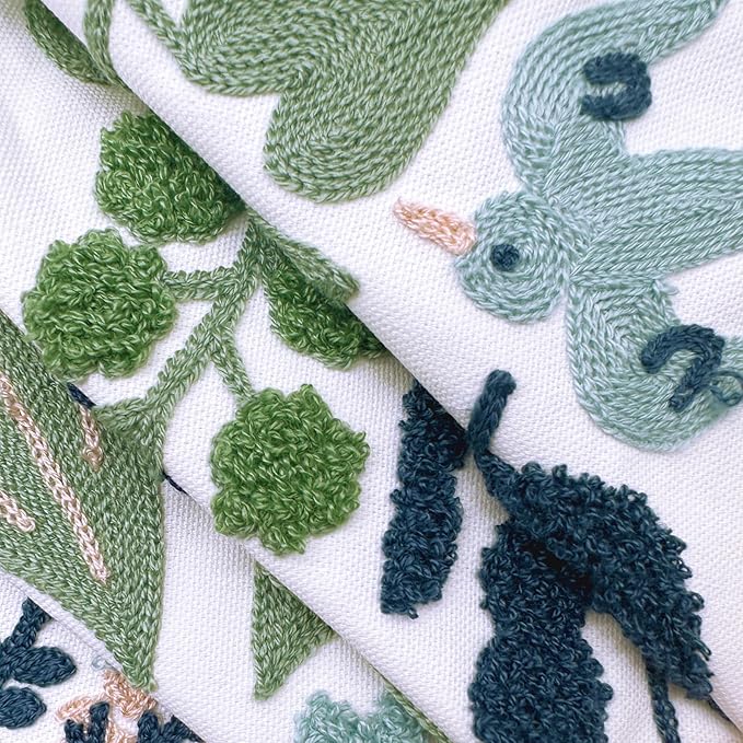 Alysheer Floral Embroidered Summer Lumbar Decorative Throw Pillow Cover 12"x 20", Farmhouse Cottage Navy Blue Green Flowers Leaves Patterned Cotton Canvas Cushion Case for Sofa Couch Bed Living Room