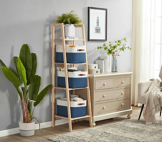 DECOMOMO Storage Bins Fabric Storage Baskets for Shelves, Linen Closet Organization Toys Nursery (Navy Blue and White, Large - 3 Pack)