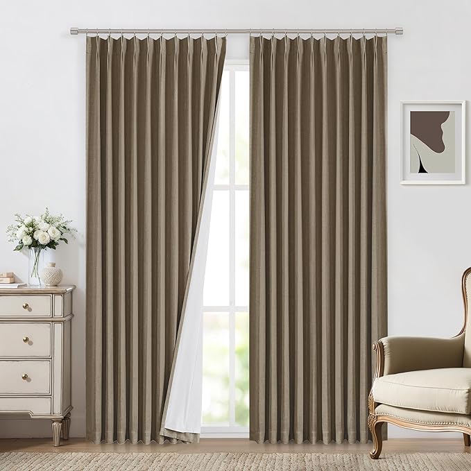Vision Home Brown Pinch Pleated Full Blackout Curtains Linen Blended 60" Wide Thermal Insulated Window Panels 102 inch for Bedroom Living Room Darkening Pleat Drapes with Hooks Back Tab 60" Wx102 Lx1